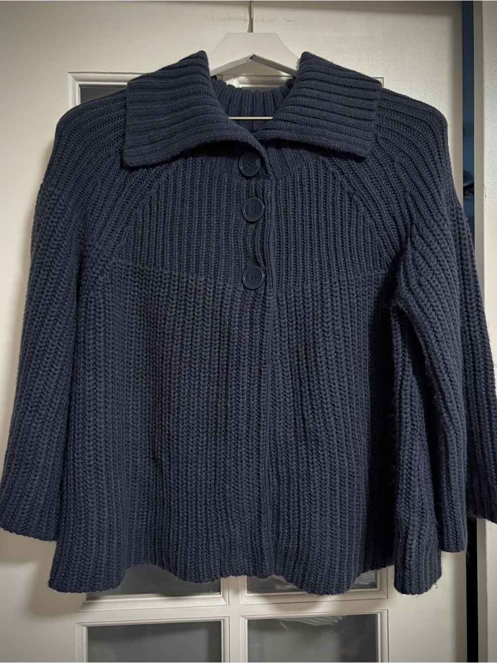 New York & Company Rib-Knit Wide-Collar Cardigan Sweater in Navy